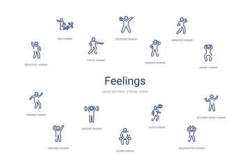 feelings concept 14 colorful outline icons. 2 color blue stroke icons