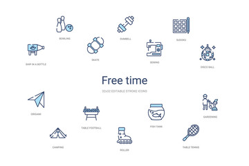 free time concept 14 colorful outline icons. 2 color blue stroke icons