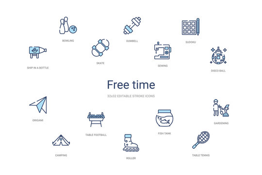 free time concept 14 colorful outline icons. 2 color blue stroke icons