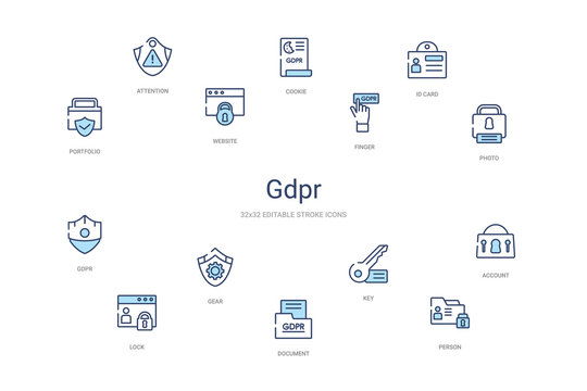 gdpr concept 14 colorful outline icons. 2 color blue stroke icons