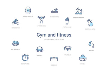 gym and fitness concept 14 colorful outline icons. 2 color blue stroke icons