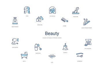 beauty concept 14 colorful outline icons. 2 color blue stroke icons