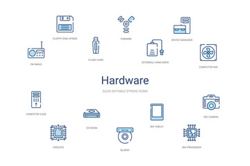 hardware concept 14 colorful outline icons. 2 color blue stroke icons
