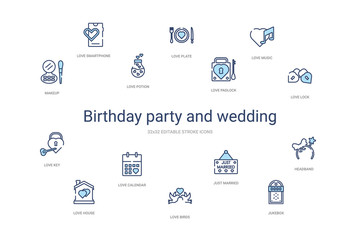 birthday party and wedding concept 14 colorful outline icons. 2 color blue stroke icons