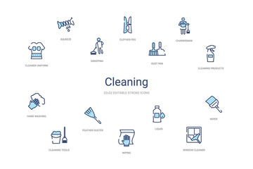 cleaning concept 14 colorful outline icons. 2 color blue stroke icons