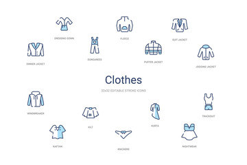 clothes concept 14 colorful outline icons. 2 color blue stroke icons