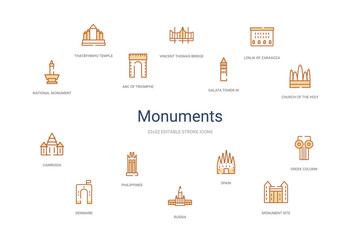 Fototapeta na wymiar monuments concept 14 colorful outline icons. 2 color blue stroke icons