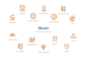 music concept 14 colorful outline icons. 2 color blue stroke icons