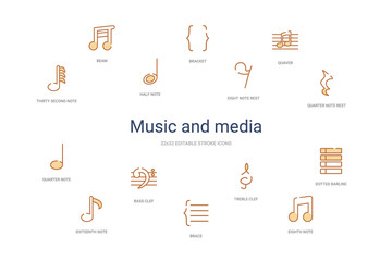 music and media concept 14 colorful outline icons. 2 color blue stroke icons