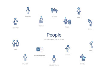 people concept 14 colorful outline icons. 2 color blue stroke icons