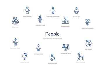 people concept 14 colorful outline icons. 2 color blue stroke icons