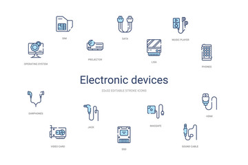 electronic devices concept 14 colorful outline icons. 2 color blue stroke icons