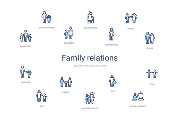 family relations concept 14 colorful outline icons. 2 color blue stroke icons