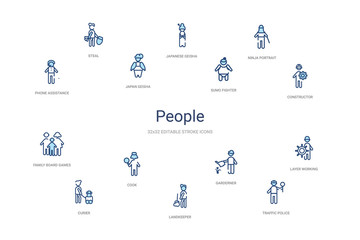 people concept 14 colorful outline icons. 2 color blue stroke icons