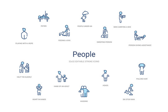 People Concept 14 Colorful Outline Icons. 2 Color Blue Stroke Icons