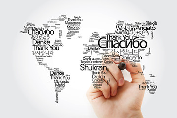 Thank You in many languages World Map in Typography word cloud with marker, multilingual for...