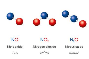 Nitric oxide NO, Nitrogen dioxide NO2 and Nitrous oxide N2O, laughing gas, molecule models and chemical formulas. Ball-and-stick models, geometric structures, structural formulas. Illustration. Vector - obrazy, fototapety, plakaty