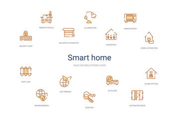 smart home concept 14 colorful outline icons. 2 color blue stroke icons