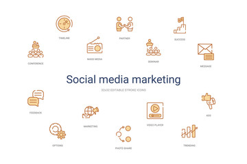 social media marketing concept 14 colorful outline icons. 2 color blue stroke icons