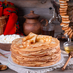 Thin homemade pancakes. Russian bliny. Maslenitsa