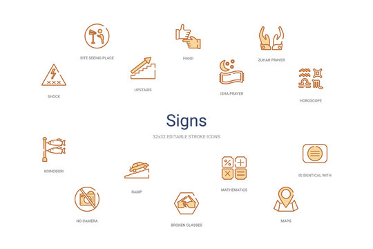 signs concept 14 colorful outline icons. 2 color blue stroke icons