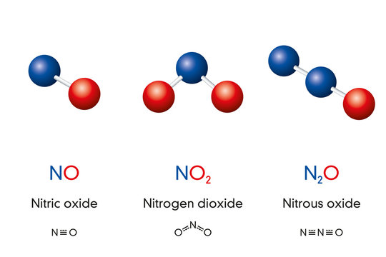 Nitric oxide NO, Nitrogen dioxide NO2 and Nitrous oxide N2O, laughing gas, molecule models and chemical formulas. Ball-and-stick models, geometric structures, structural formulas. Illustration. Vector