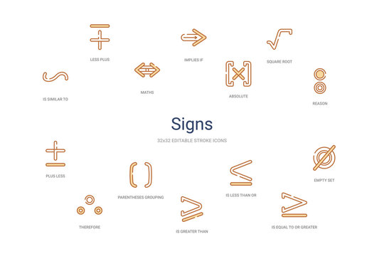 signs concept 14 colorful outline icons. 2 color blue stroke icons