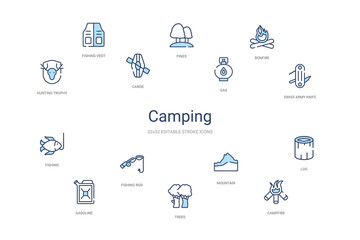 camping concept 14 colorful outline icons. 2 color blue stroke icons