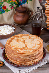 Thin homemade pancakes. Russian bliny. Maslenitsa