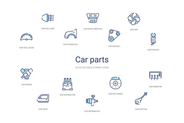 car parts concept 14 colorful outline icons. 2 color blue stroke icons