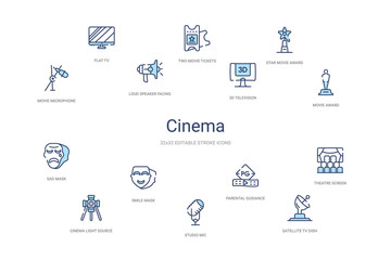 cinema concept 14 colorful outline icons. 2 color blue stroke icons