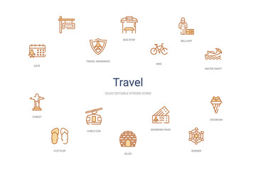 travel concept 14 colorful outline icons. 2 color blue stroke icons