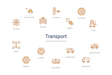 transport concept 14 colorful outline icons. 2 color blue stroke icons