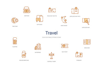 travel concept 14 colorful outline icons. 2 color blue stroke icons