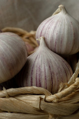 Three solo garlic in wicker basket close-up macro
