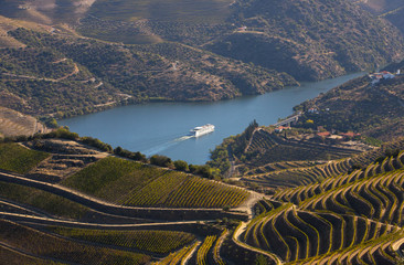 Cruise ship in Douro river and Alto Douro vineyards and landscape - UNESCO World Heritage