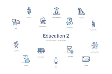education 2 concept 14 colorful outline icons. 2 color blue stroke icons