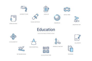 education concept 14 colorful outline icons. 2 color blue stroke icons