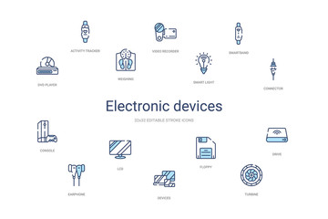 electronic devices concept 14 colorful outline icons. 2 color blue stroke icons