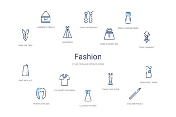 fashion concept 14 colorful outline icons. 2 color blue stroke icons