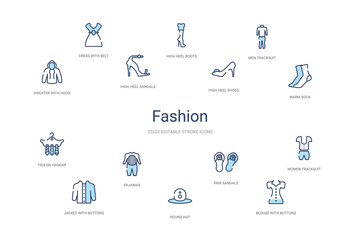 fashion concept 14 colorful outline icons. 2 color blue stroke icons