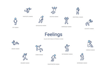 Obraz premium feelings concept 14 colorful outline icons. 2 color blue stroke icons