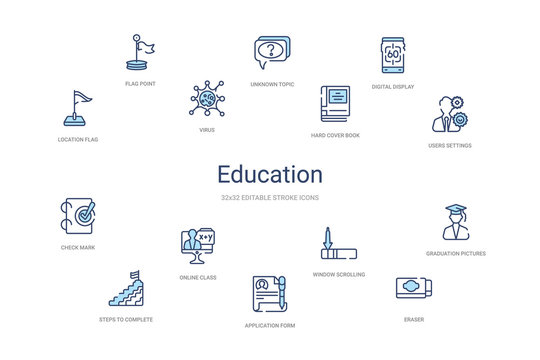 education concept 14 colorful outline icons. 2 color blue stroke icons