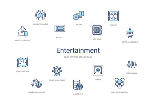 entertainment concept 14 colorful outline icons. 2 color blue stroke icons