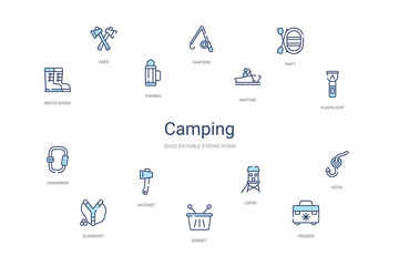 camping concept 14 colorful outline icons. 2 color blue stroke icons