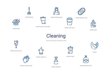 cleaning concept 14 colorful outline icons. 2 color blue stroke icons