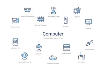 computer concept 14 colorful outline icons. 2 color blue stroke icons