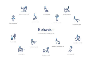 behavior concept 14 colorful outline icons. 2 color blue stroke icons - obrazy, fototapety, plakaty