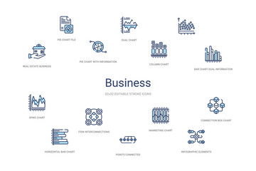 business concept 14 colorful outline icons. 2 color blue stroke icons