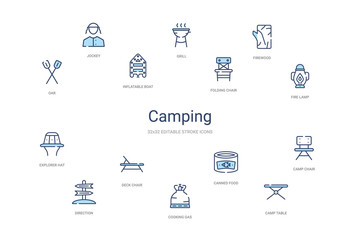 camping concept 14 colorful outline icons. 2 color blue stroke icons